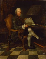 Isaac Egmont von Chasot an seinem Schreibtisch (mit der Flöte Friedrichs des Großen), 1750